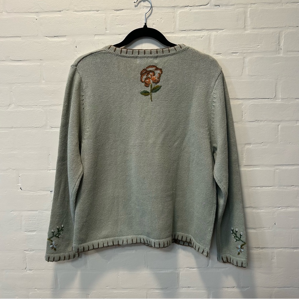 Vtg All Points Sage Green Floral Embroidered V Neck Cottagecore Sweater Sz L - Picture 6 of 7